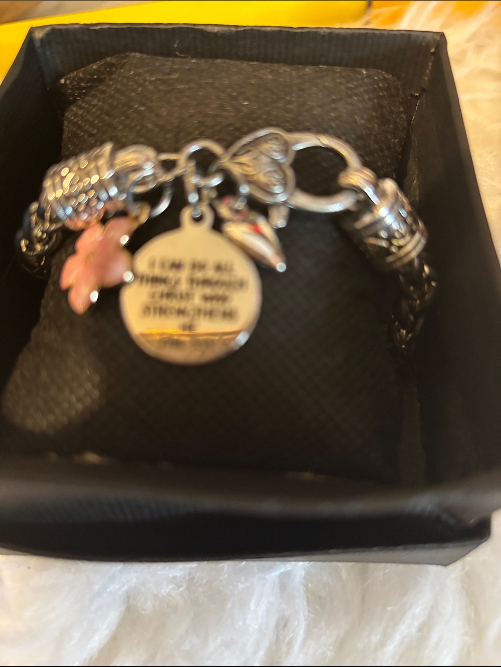 Silver-Tone Women's Charm Bracelet with Pink Flower Accent